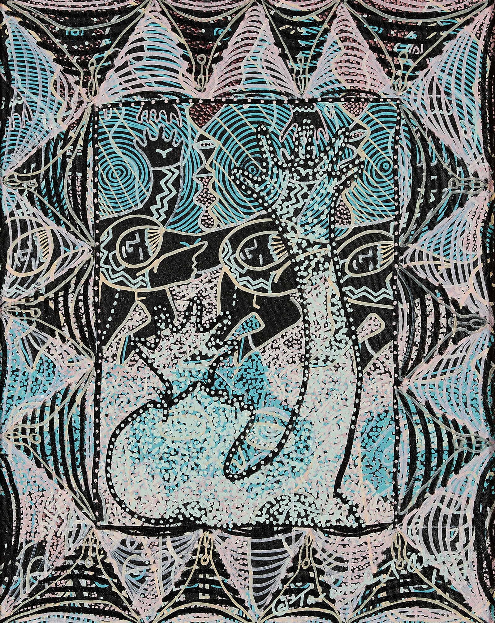 Ta-coumba T. Aiken "Give Me Your Love!" Painting: Ta-coumba T. Aiken (American, b. 1952). Acrylic on canvas painting titled "Give Me Your Love!," 1991. Depicting a figure with outstretched arms in Aiken's signature 'superlative realism' style.