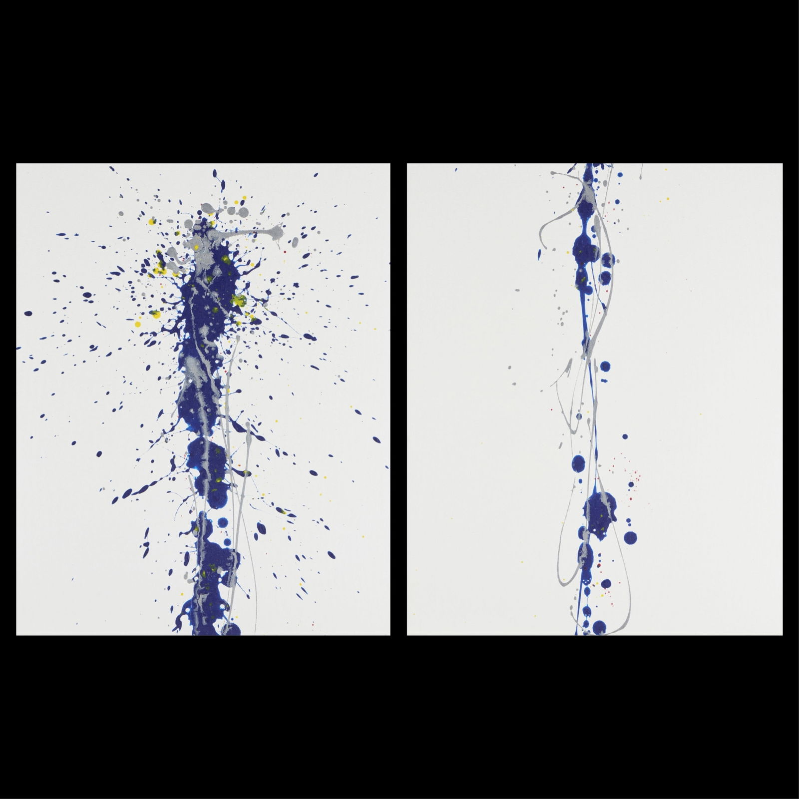 Drip Painting "I'm Living in Limbo..." 2000: Pair of oil on canvas abstract drip paintings titled "I'm Living in Limbo, Don't Ask Why?", 2000. Signed illegibly and dated along the verso of one painting; signed along the verso of the other