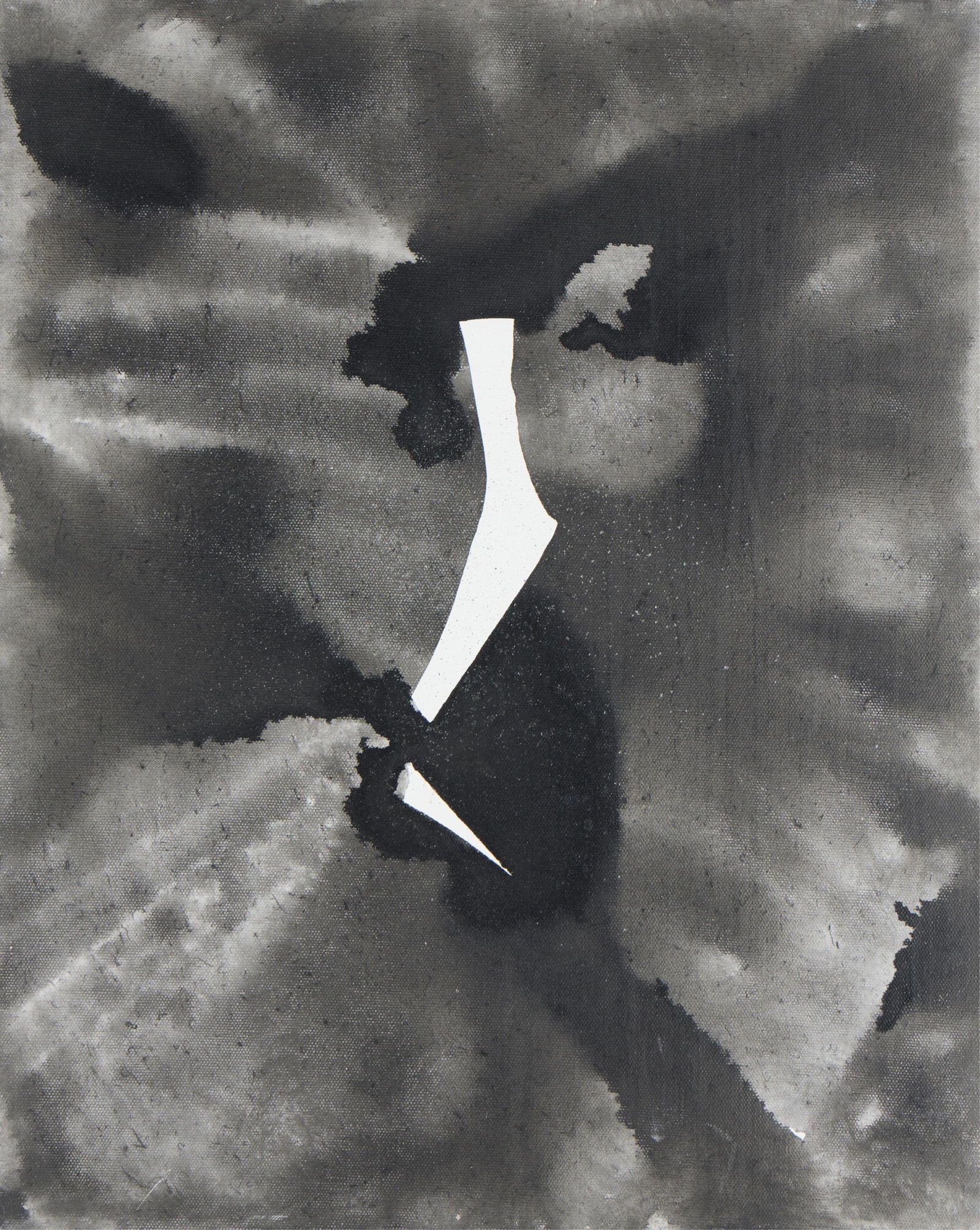 Kika Karadi Ink Painting 2010: Kika Karadi (Hungarian/American, b. 1975). Ink on linen painting depicting a singular white shape surrounded by shadows with a splatter of silver ink around it, 2010. Signed and dated along the