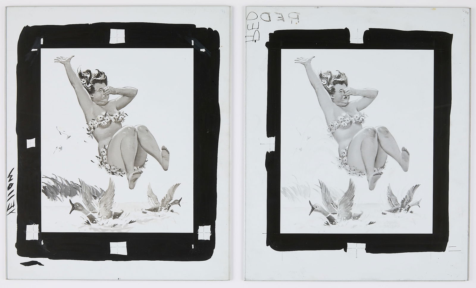 2 Bryers "Hilda Jumping in Pond" Glass Panels: Duane Bryers (American, 1911-2012). Group of two painted glass pre-production panels depicting the iconic pin-up character "Hilda" plunging into a body of water, 1960. Each with folder; titled and