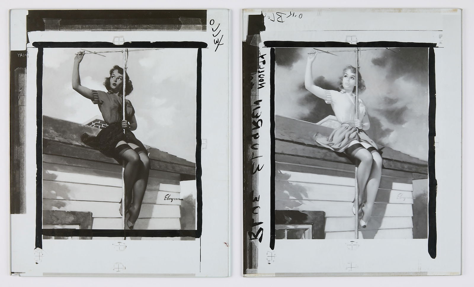 2 Elvgren "T.V. Spectacular" Glass Pin-Up Panels: Gil Elvgren (American, 1914-1980). Group of two painted glass pre-production panels, each depicting a young woman positioned atop a roof, ca. 1961. Both panels depicting an image portrayed in a Brown