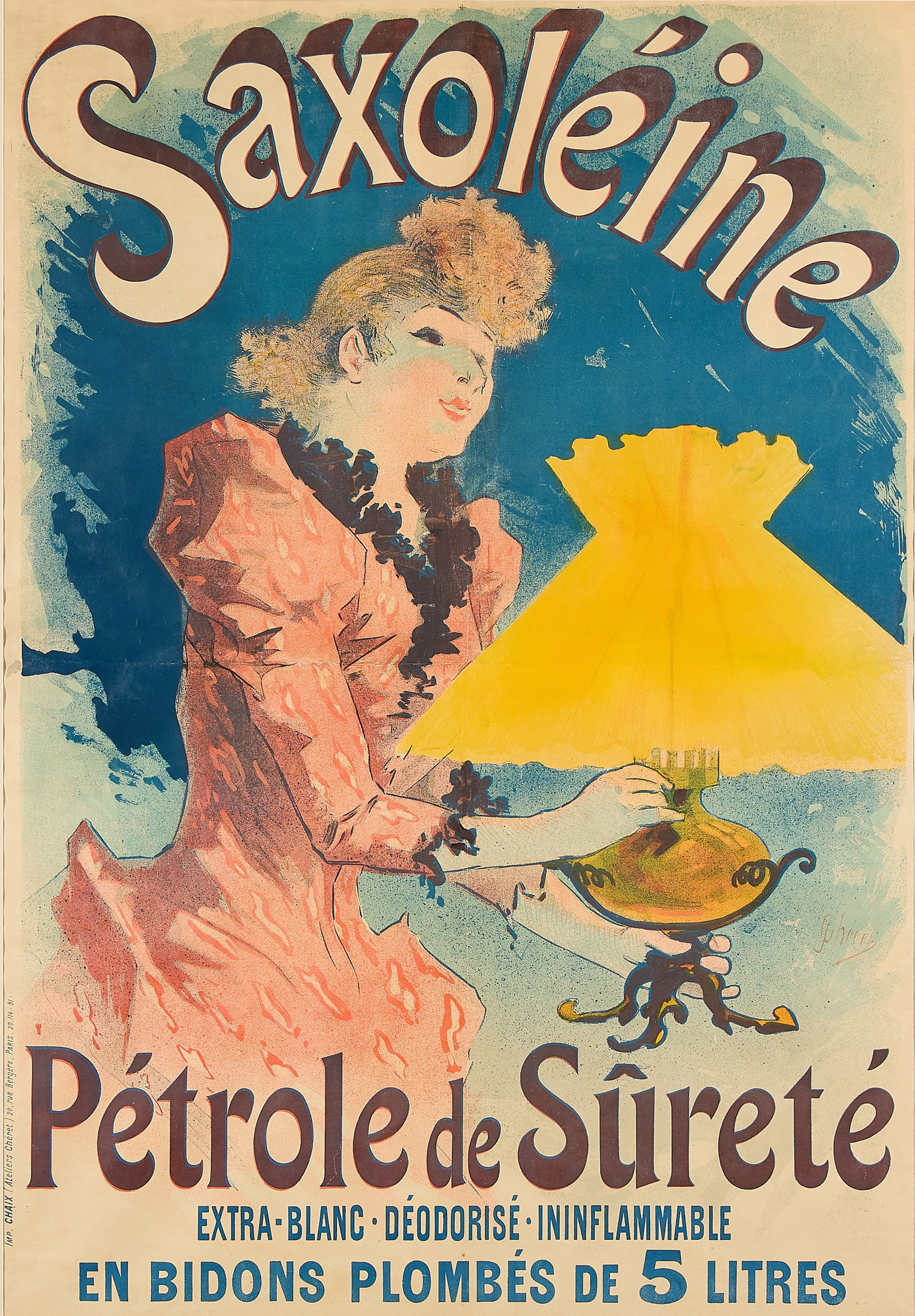 Jules Cheret Saxoleine Advertisement Poster 1894: Jules Cheret (French, 1836-1932). "Belle Epoque"-era lithograph advertising poster for the "Saxoleine" product "Petrole de Surete," a paraffin oil for lamps, 1894. Depicting a woman in pink illuminate