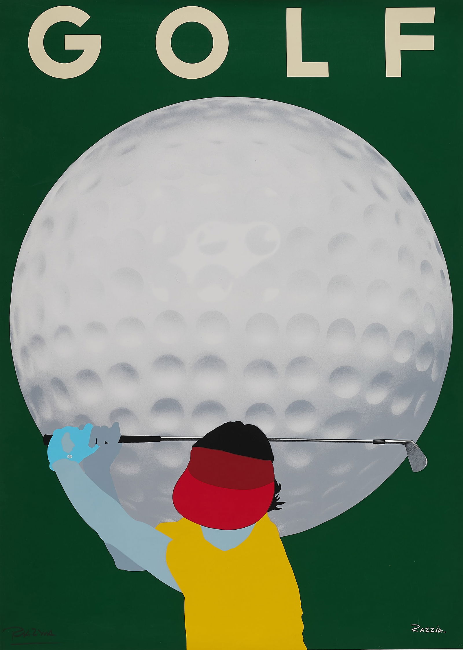 Razzia "Golf" Advertising Poster 1982: Gerard "Razzia" Courbouleix–Deneriaz (French, b. 1950). Large Art Deco style printed advertising poster captioned "Golf," 1982. Depicting a large stylized golf ball on green ground; in the foregroun