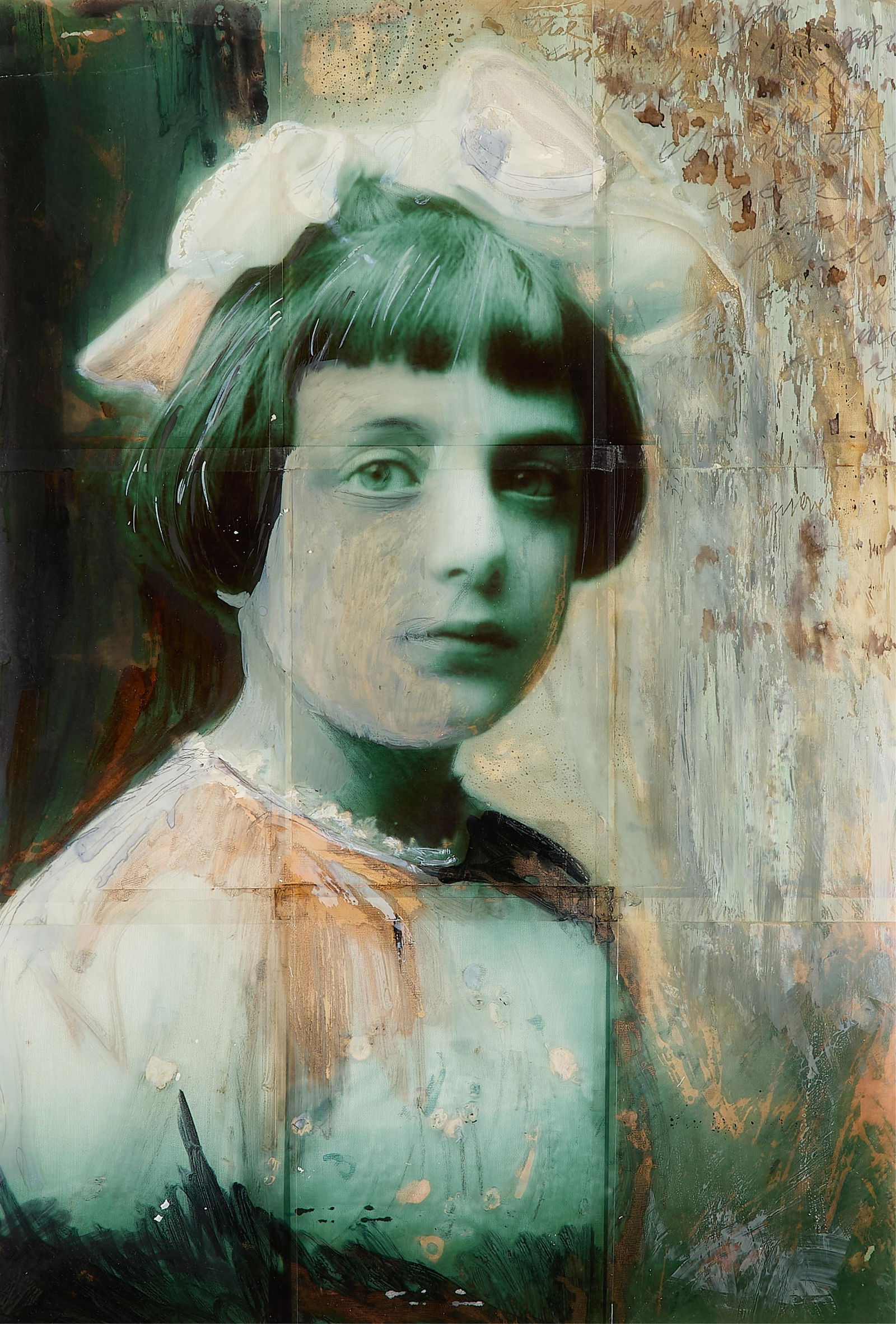 Beatrice Meoni "Sposa Bambina #3" MM Photograph: Beatrice Meoni (Italian, b. 1960). Mixed media photograph on textile with hand-painted elements titled "Sposa Bambina #3," depicting a young girl. Provenance: Galleria Traghetto, Italy, 2006; From