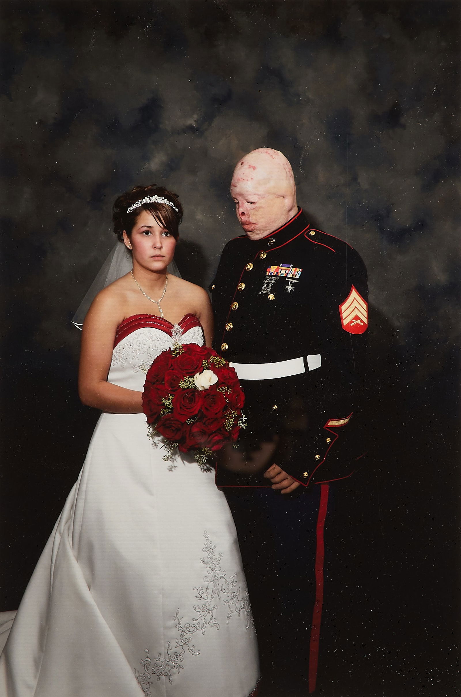 Nina Berman "Marine Wedding" Photograph 2006: Nina Berman (America, b. 1960). Archival pigment print titled "Marine Wedding," depicting Sergeant Ty Ziegel and Renee Klinepen on their wedding day, 2006. Signed and numbered 6/10 along the lower