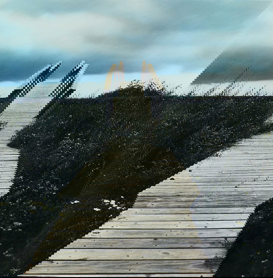 Ann Stautberg "Sea Isle Bridge, Galveston" 2000: Ann Stautberg (American, b. 1949). Very large oil on gelatin silver print photograph titled "Sea Isle Bridge, Galveston, 1991," 2000. Titled, signed, and dated 1991 and 2000 along the lower edge. Labe