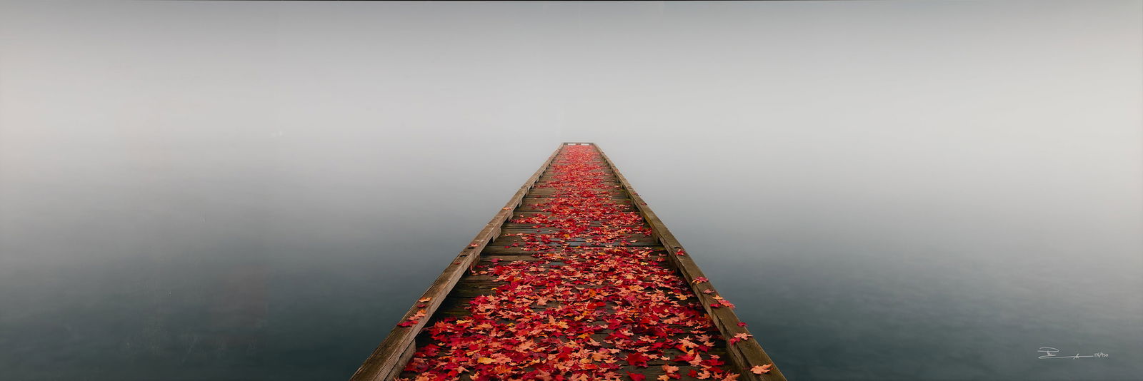 Peter Lik "Secret Morning" Photograph: Peter Lik (Australian, b. 1959). Large photograph on chromogenic paper titled "Secret Morning," depicting an autumnal foggy landscape of a dock leading into a misty lake. Signed and numbered 176/950 a