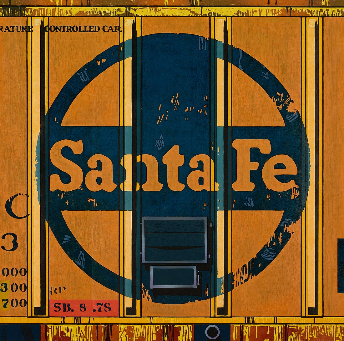 Robert Cottingham "Santa Fe" Woodcut 1988: Robert Cottingham (American, b. 1935). Woodcut on paper titled "Santa Fe," 1988. Depicting the side of a shipping or railroad container. Pencil signed and dated along the lower right; titled and numbe