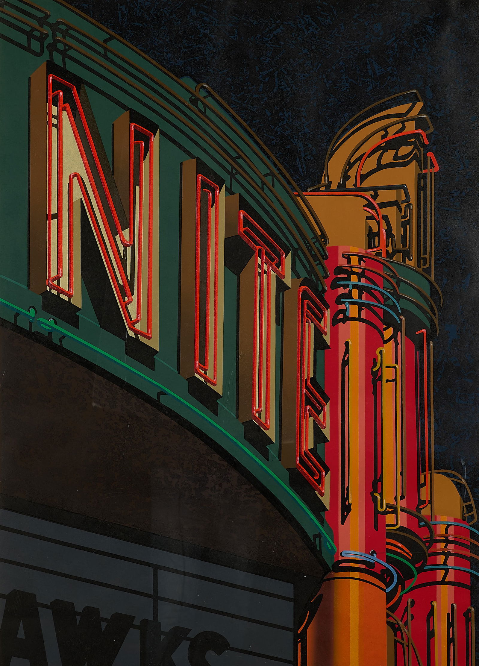 Robert Cottingham "Nite" Woodcut 1991: Robert Cottingham (American, b. 1935). Woodcut on Japanese paper titled "Nite," depicting an elaborate neon sign, 1991. Pencil signed and dated lower right; titled and numbered 3/52 along the lower le