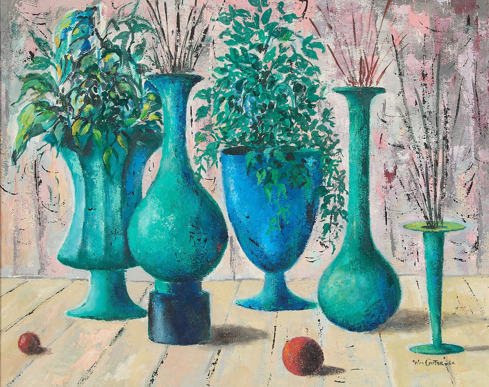 William Sylvester Carter Still Life O/B Painting: William Sylvester Carter (American, 1909-1996). Oil on board painting depicting a still life setting with teal vases and foliage, 1964. The verso with black and white oil painting depicting ancient Eg