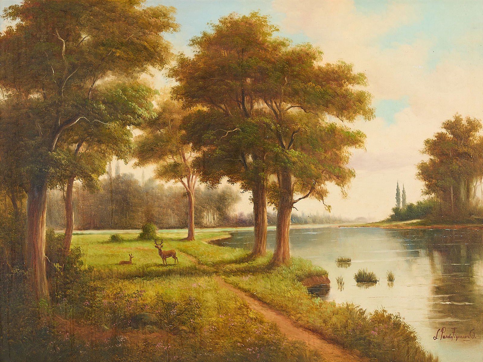 Signed Landscape Painting of River & Deer (1 of 6)