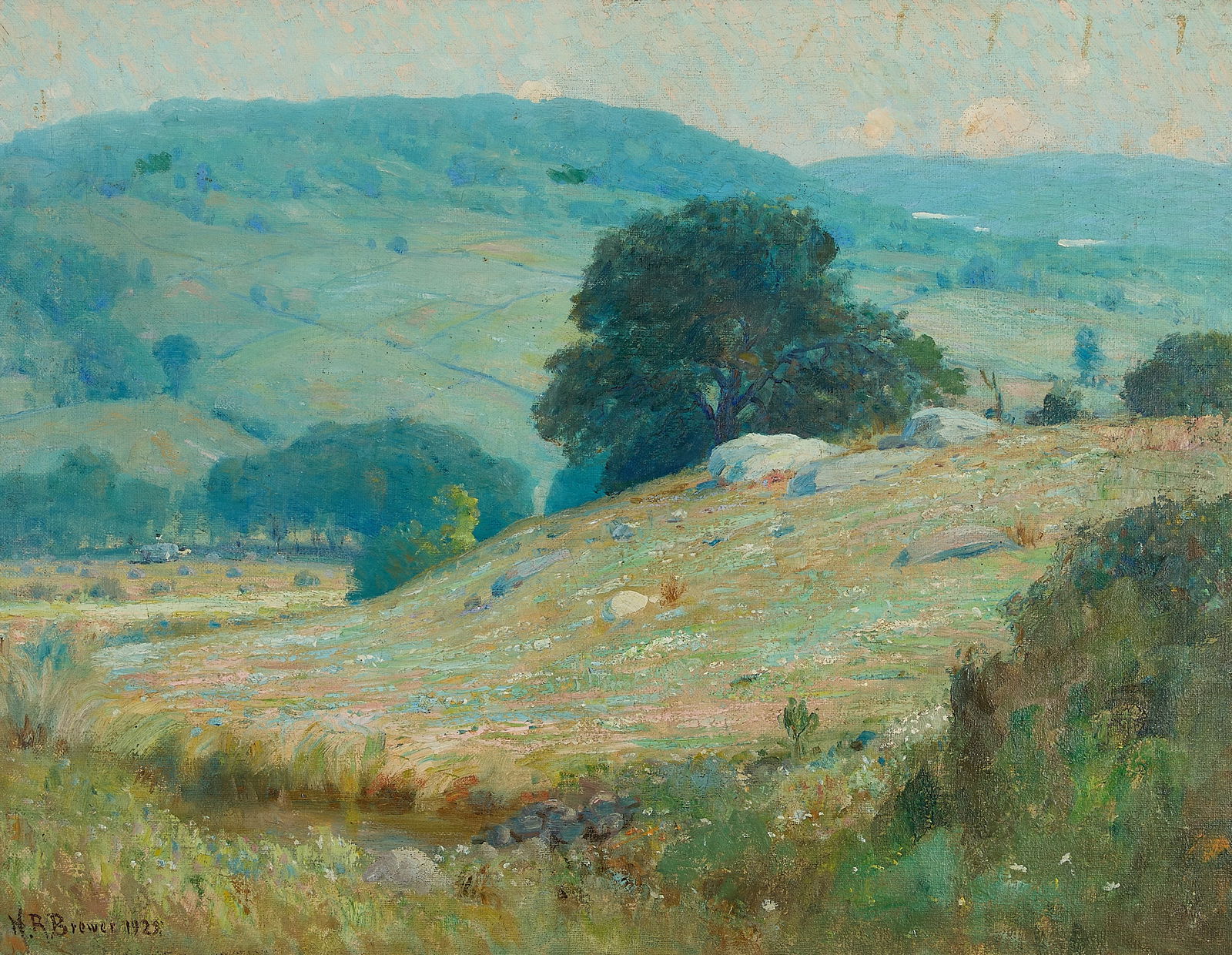 Nicholas Brewer Landscape Painting 1920s: Nicholas R. Brewer (American, 1857-1949). Oil on board landscape painting, ca. 1920s. Signed and dated along the lower left.Sight; height: 33 1/4 in x width: 43 1/2 in. Framed; height: 39 in x width: