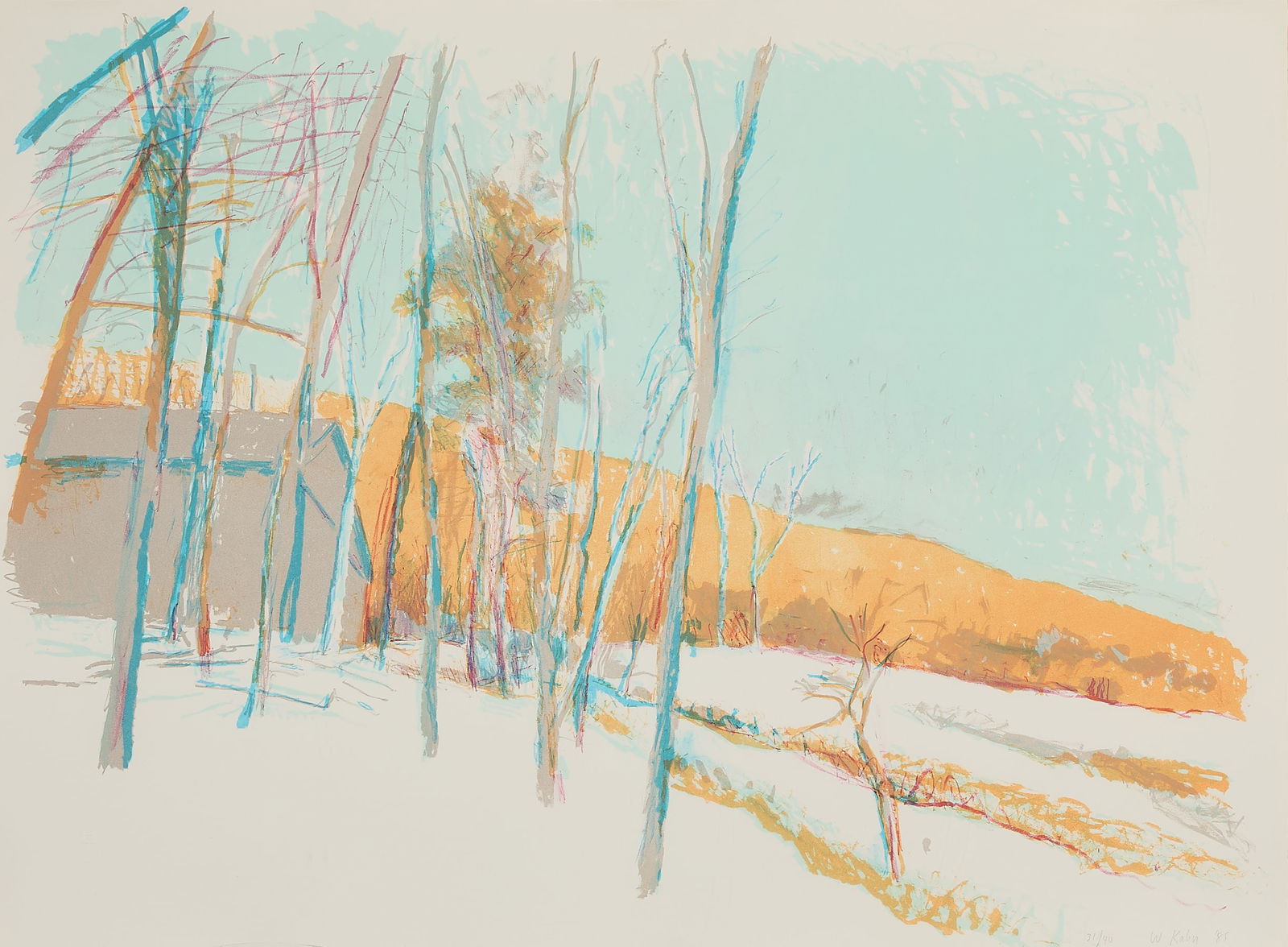 Wolf Kahn "Barn in the Woods" Lithograph 1985: Wolf Kahn (German, 1927-2020). Lithograph titled "Barn in the Woods," depicting a wintery prairie scene, 1985. Pencil signed, dated, and numbered 31/40 along the lower right.Sight; height: 40 in x wid