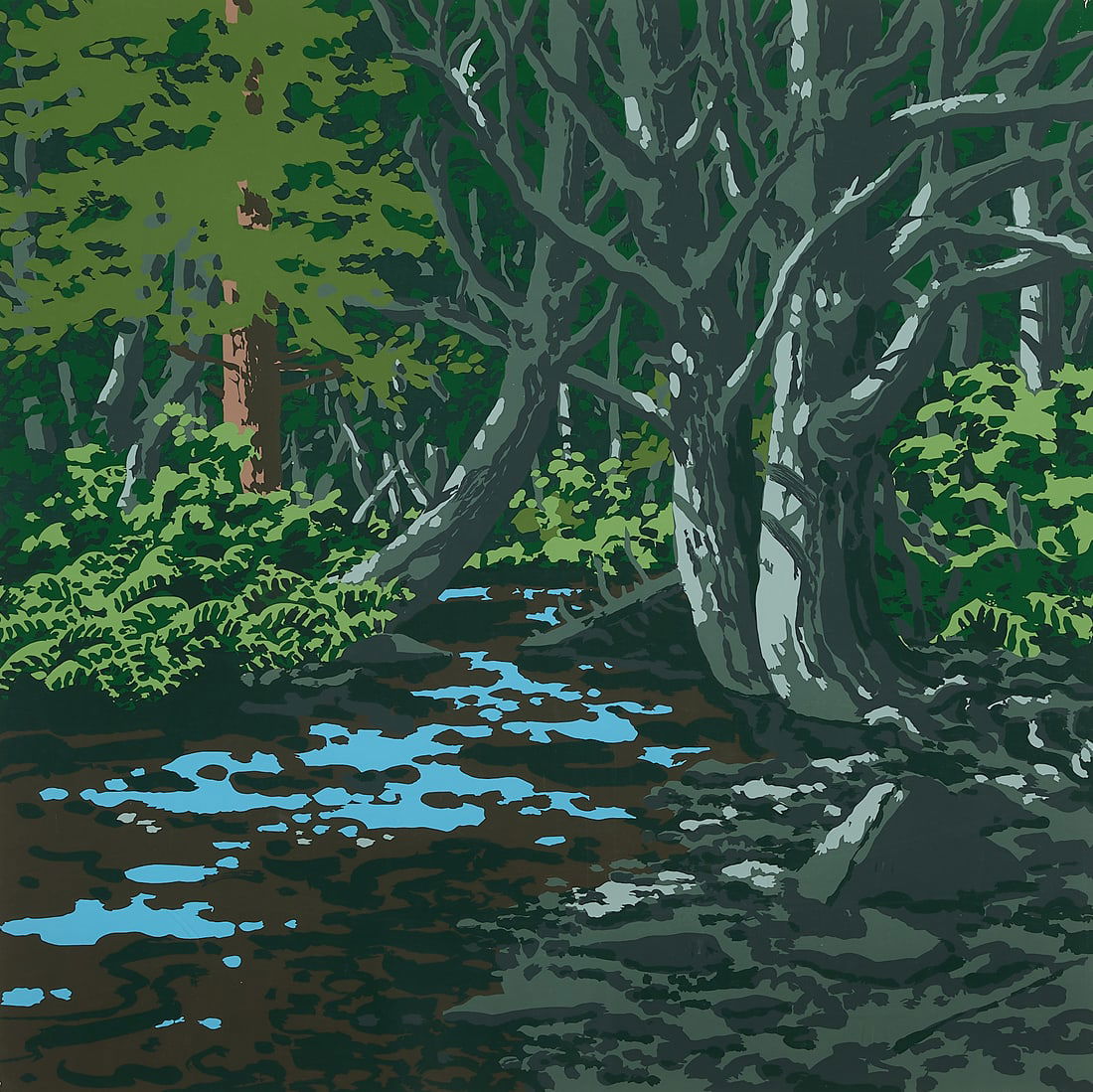 Neil Welliver "Duck Trap" Screenprint 1973: Neil Welliver (American, 1929-2005). Screenprint on paper titled "Duck Trap," 1973. Pencil signed along the lower right; numbered 57/144 along the lower left.Sight; height: 37 in x width: 36 in. Frame