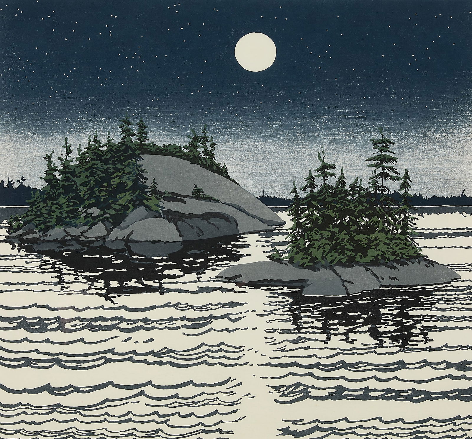Neil Welliver "Islands, Allagash" Woodcut: Neil Welliver (American, 1929-2005). Woodcut on paper print titled "Islands, Allagash," 1990. Pencil signed along the lower right; numbered 22/90 along the lower right.Sight; height: 24 in x width: 25
