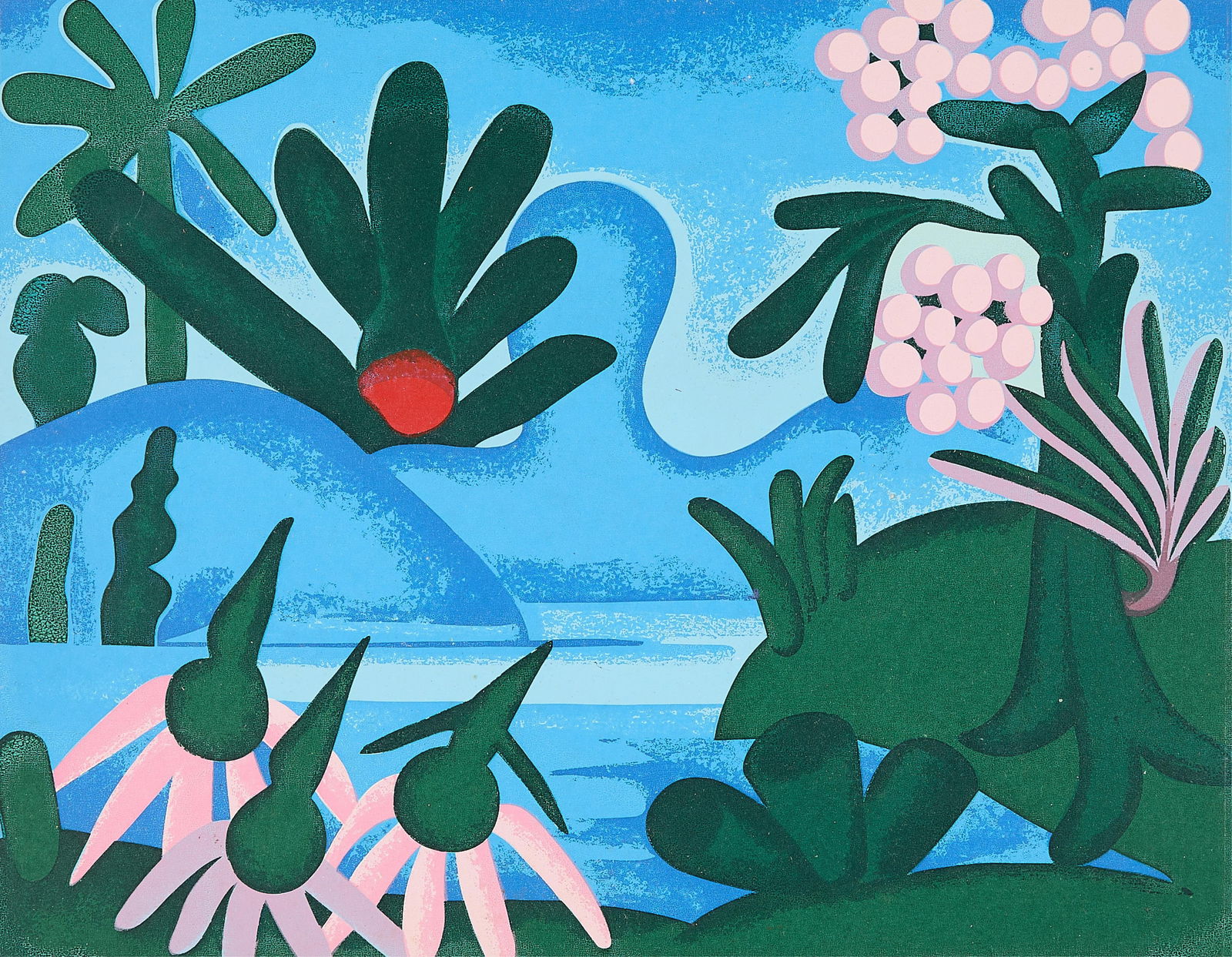 Tarsila do Amaral "Lago" Serigraph 1972: Tarsila do Amaral (Brazilian, 1886-1973). Serigraph on paper titled "Lago," 1928. From the portfolio "Cinco Serigrafias." Published by Editora Cultrix, Sao Paulo, 1972. Numbered 4 in print along the l