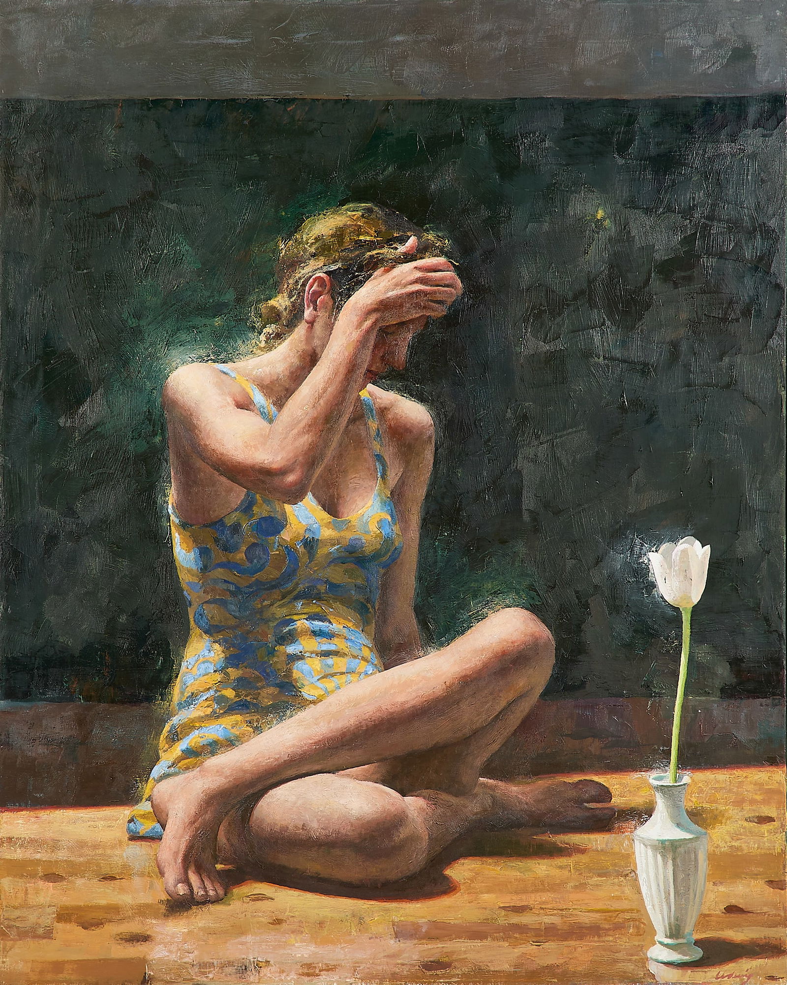 Daniel Ludwig "Woman and Flower" Oil on Linen: Daniel Ludwig (American, b. 1959). Oil on linen painting titled "Woman and Flower," depicting a woman seated beside a singular white tulip, 1998. Signed along the lower right. Further signed, titled,