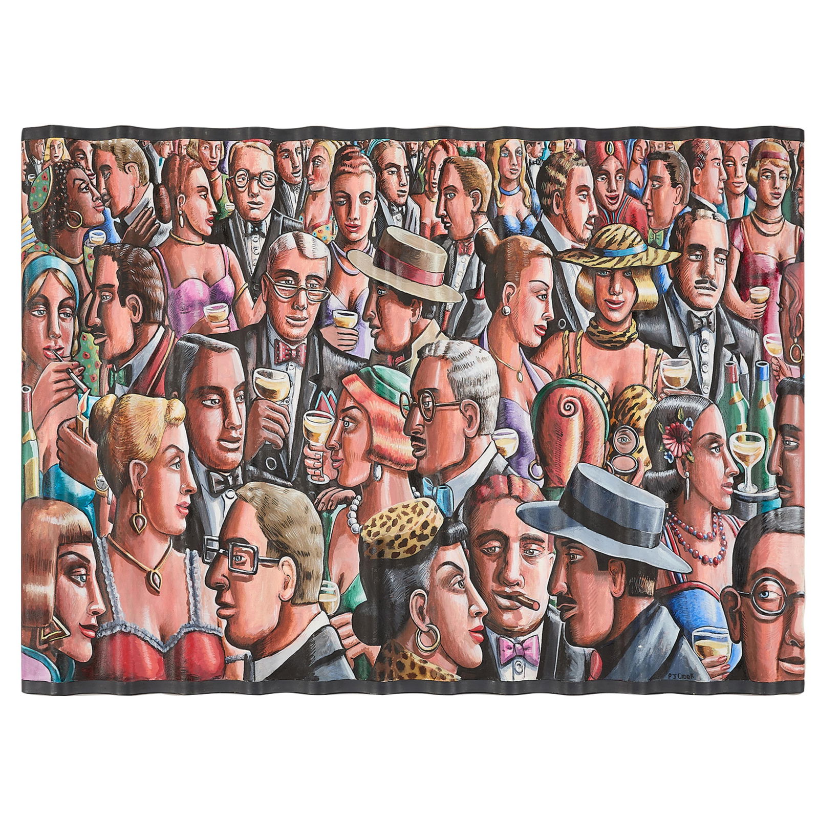 P.J. Crook "Opening Night" 3D Painting: Pamela June "P.J." Crook (English, b. 1945). Acrylic on corrugated canvas mounted on wood titled "Opening Night," 2000-2003. Signed along the lower right; further signed, titled, and dated along the v