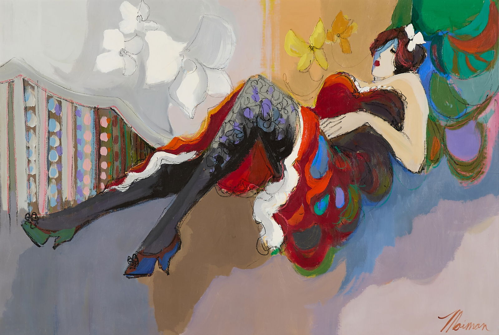 Isaac Maimon "Cabaret" Oil Painting: Isaac Maimon (Israel, b. 1951). Oil on canvas painting titled "Cabaret," depicting a woman in red lounging. Signed along the lower right.Sight; height: 39 in x width: 57 in. Framed; height: 49 1/2 in
