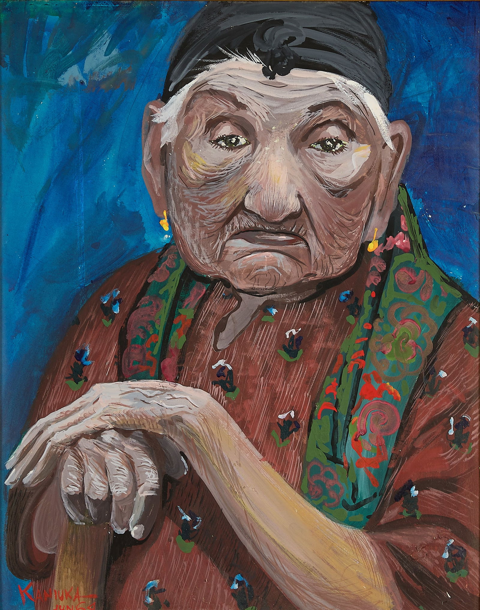 Olexander Kaniuka Elderly Woman Gouache 1964: Olexander Kaniuka (Ukrainian, 1910-2000). Gouache on paper painting depicting an elderly woman gazing forward with a somber expression, 1964. Signed and dated along the lower left.Sight; height: 19 1/