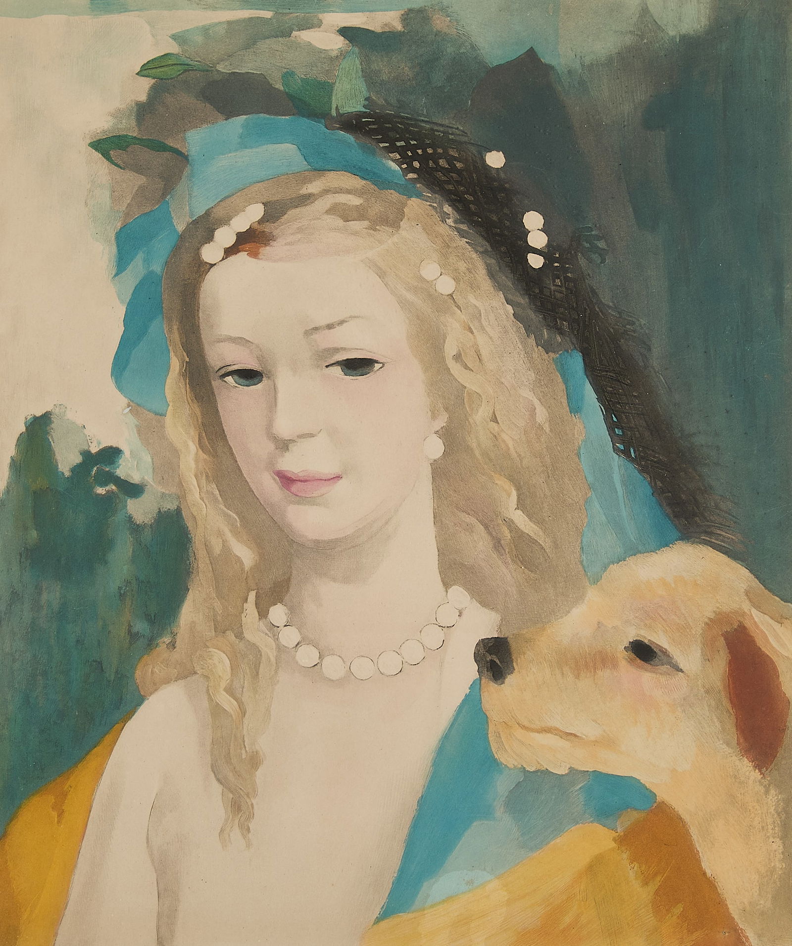 Marie Laurencin "Jeune Fille avec Chien" Etching: Marie Laurencin (French, 1883-1956). Etching with aquatint in colors titled "Jeune Fille avec Chien (Young Girl with Dog)," 1950. Pencil signed lower right and numbered 112/150 along the lower left.Si