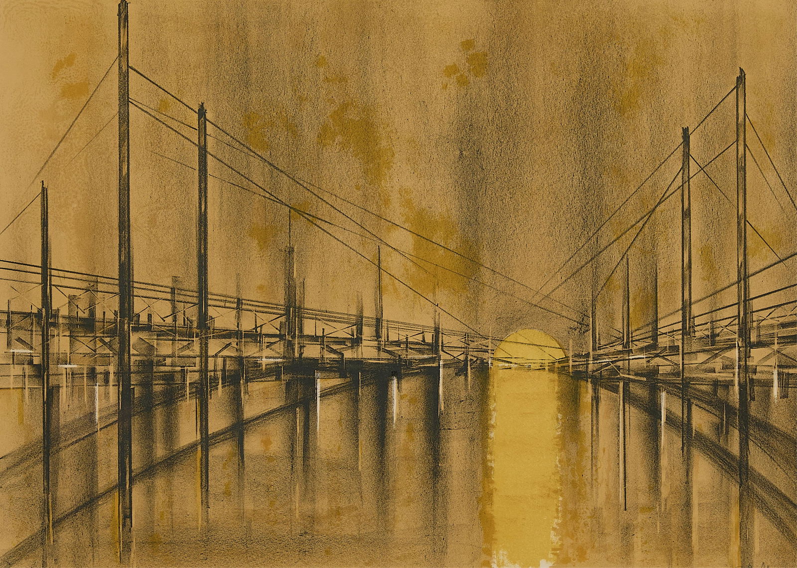 Richard Florsheim "Sunset Bridge" Lithograph: Richard Florsheim (American, 1916-1979). Lithograph titled "Sunset Bridge," depicting an industrial bridge at sunset. Pencil signed, titled, numbered 18/50, and dedicated "For Rose - With Love" along