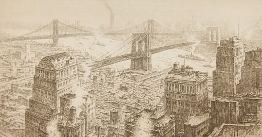 Kerr Eby "Two Bridges" NYC Etching