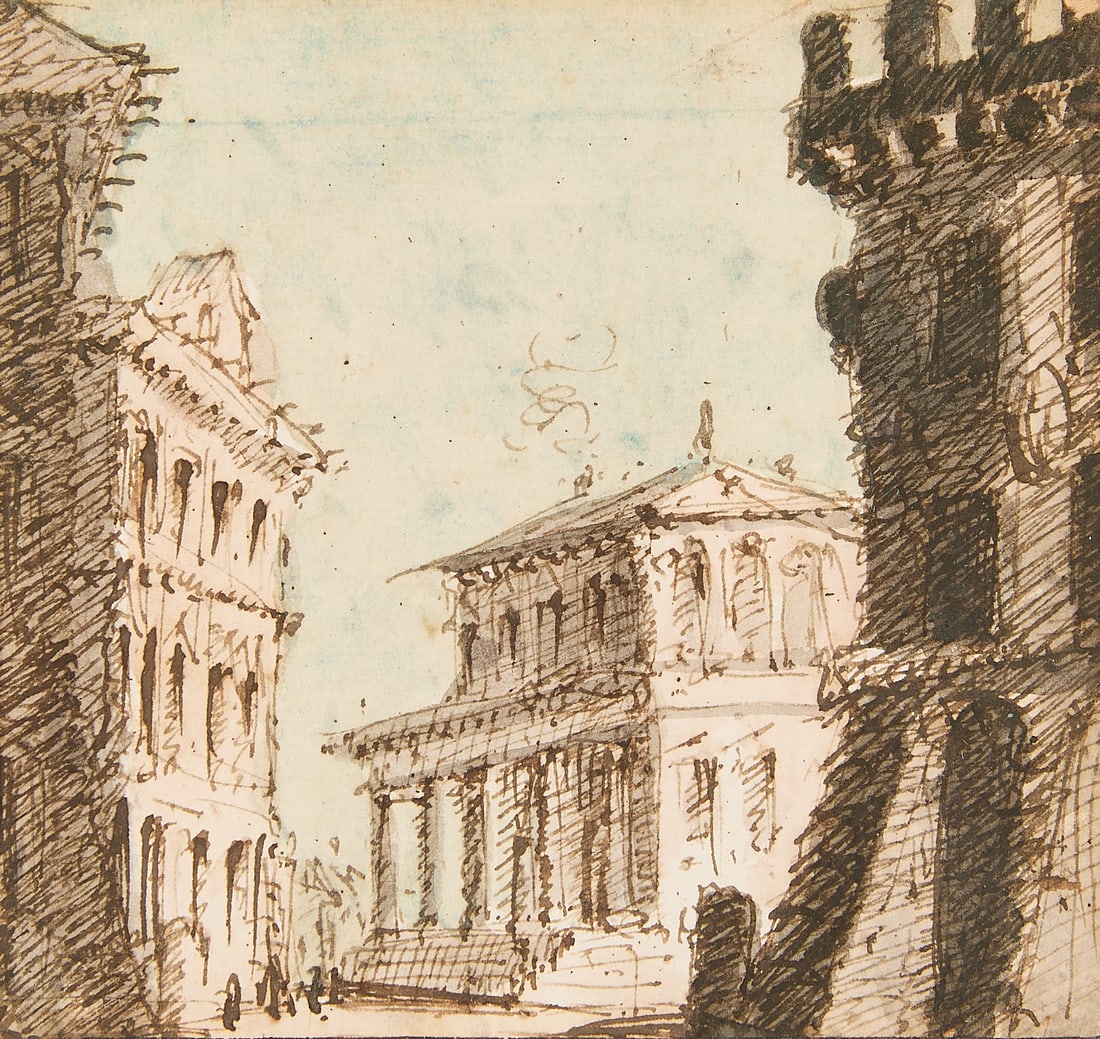 Style of Piranesi Roman Buildings Drawing: Style of Giovanni Battista (Giambattista) Piranesi (Italian, 1720-1778). Ink and watercolor on paper drawing depicting several Roman buildings along a street corridor. Sight; height: 3 3/4 in x