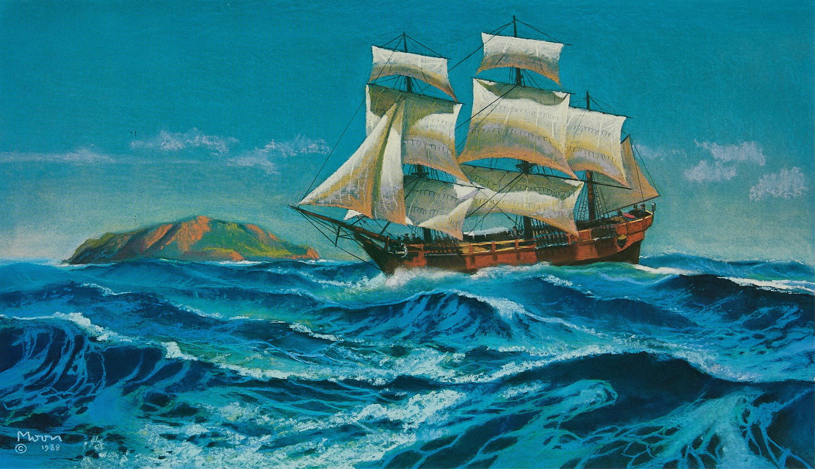 Bryan Moon "HMS Bounty" Lithograph 1989: Bryan Moon (British, b. 1928). Lithograph titled "HMS Bounty Approaches Pitcairn Island," 1989. Commemorating the 200th anniversary of the fabled tale of the "Mutiny on the Bounty," in which