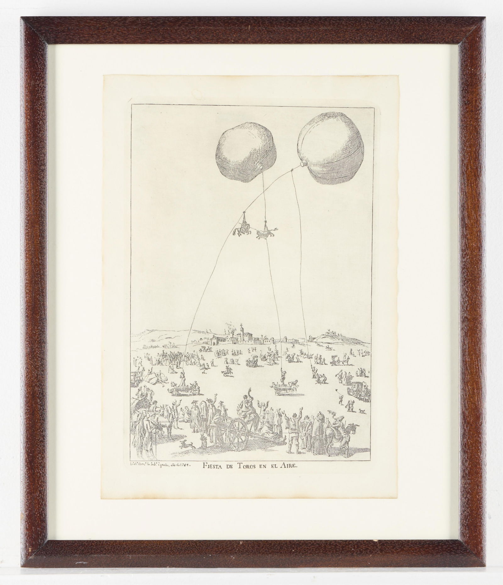 Isidro Carnicero "Fiesta de Toros...Aire" Etching: Isidro Carnicero (Spanish, 1736-1804). Etching on paper titled "Fiesta de Toros en el Aire (Bullfighting Festival in the Sky)," engraved in 1784. Depicting a scene of a bullfighter and a bull held