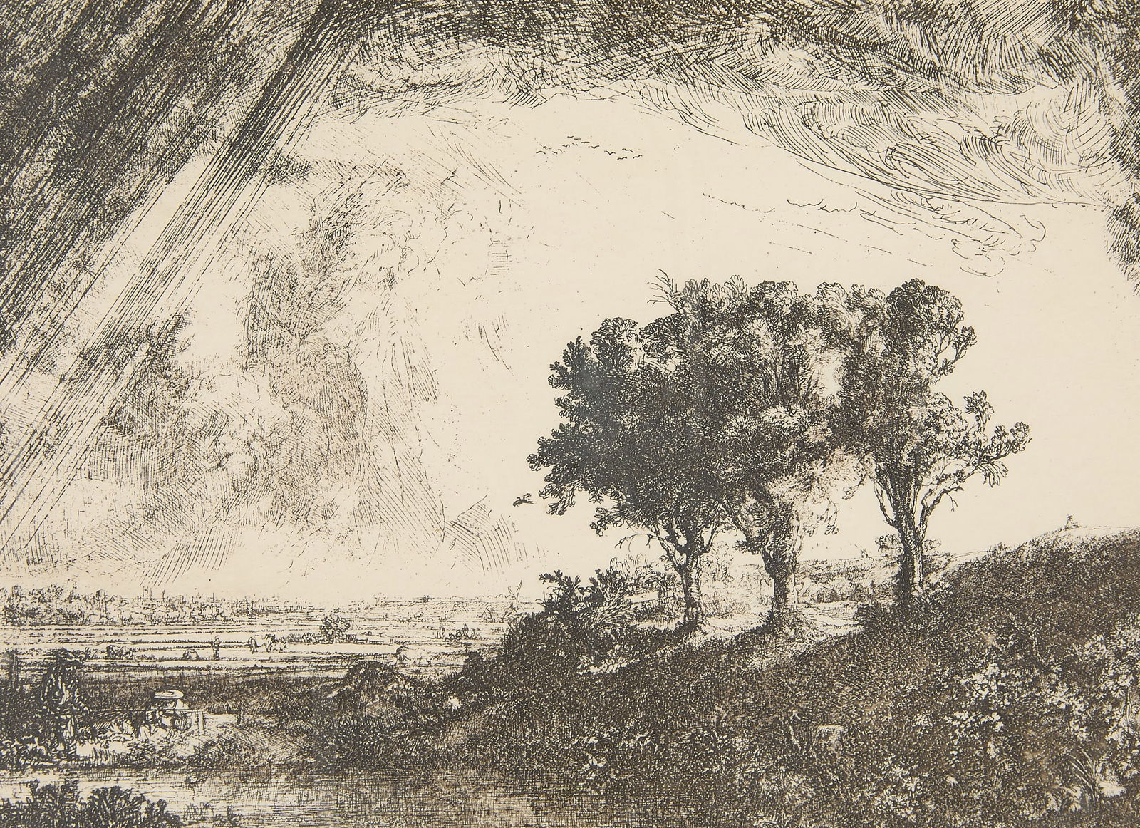 Posthumous Rembrandt "The Three Trees" Etching: Posthumous Rembrandt Harmenszoon Van Rijn (Dutch, 1606-1669). Etching on paper titled "The Three Trees," originally completed 1643, this example likely a later, 19th century reprint. Sight; height: 6