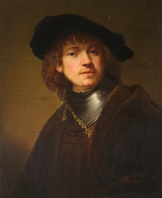 Aft. Rembrandt "Man w/ Gorget & Beret" Painting