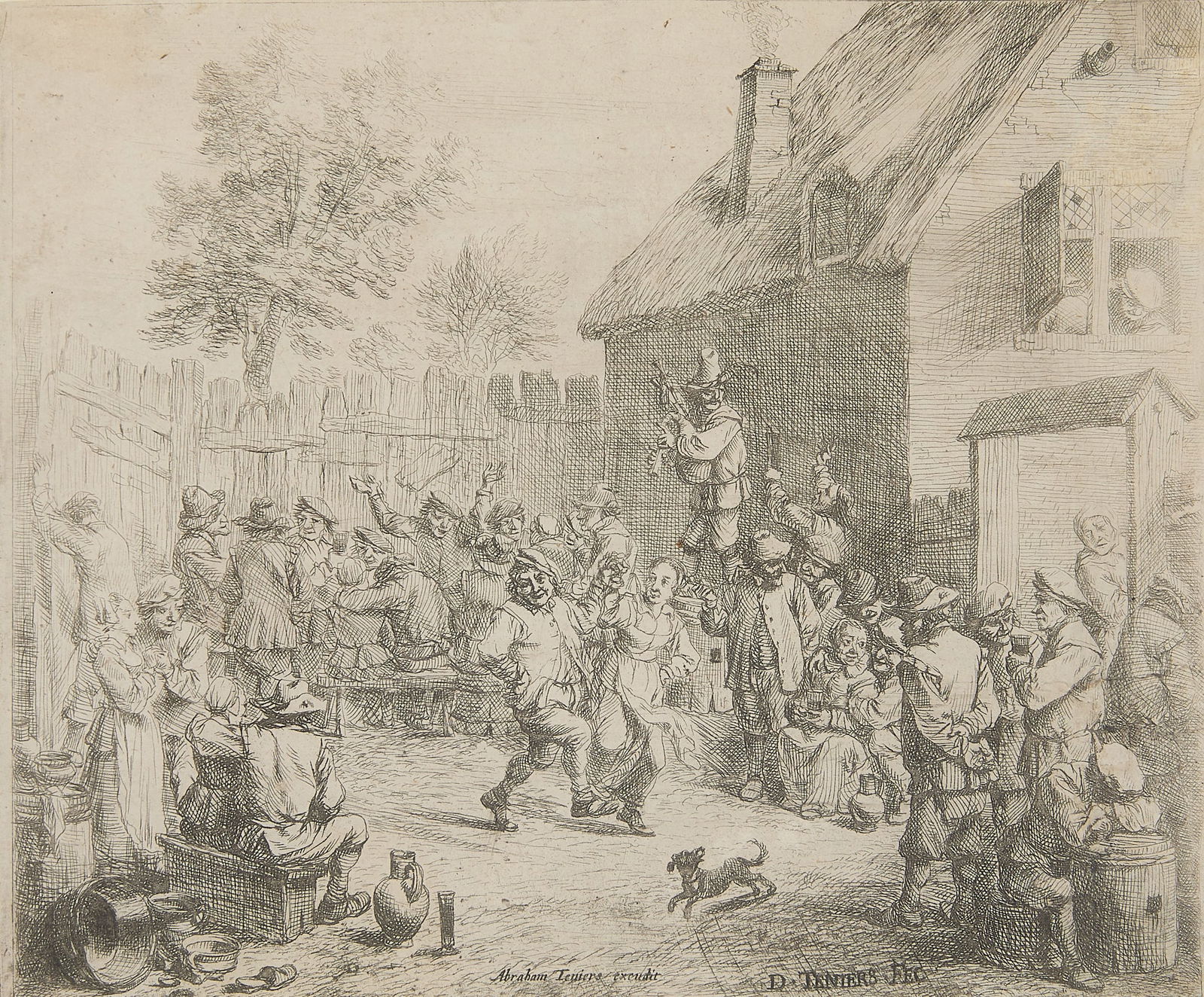 After David Teniers II "County Fair" Etching: After David Teniers the Younger (Flemish, 1610-1690). Etching titled "County Fair," depicting a raucous, jovial crowd. Signed in plate along the lower edge by both David Teniers II and Abraham