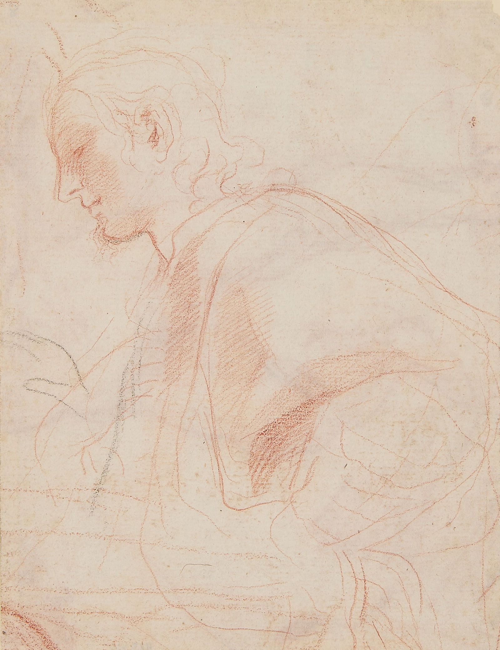 Attributed Baldassare Franceschini Sanguine Sketch: Attributed to Baldassare Franceschini (Italian, 1611-1689). Sanguine on paper study drawing depicting a portrait of a figure from the side. Sight; height: 6 3/4 in x width: 5 1/4 in. Framed; height: