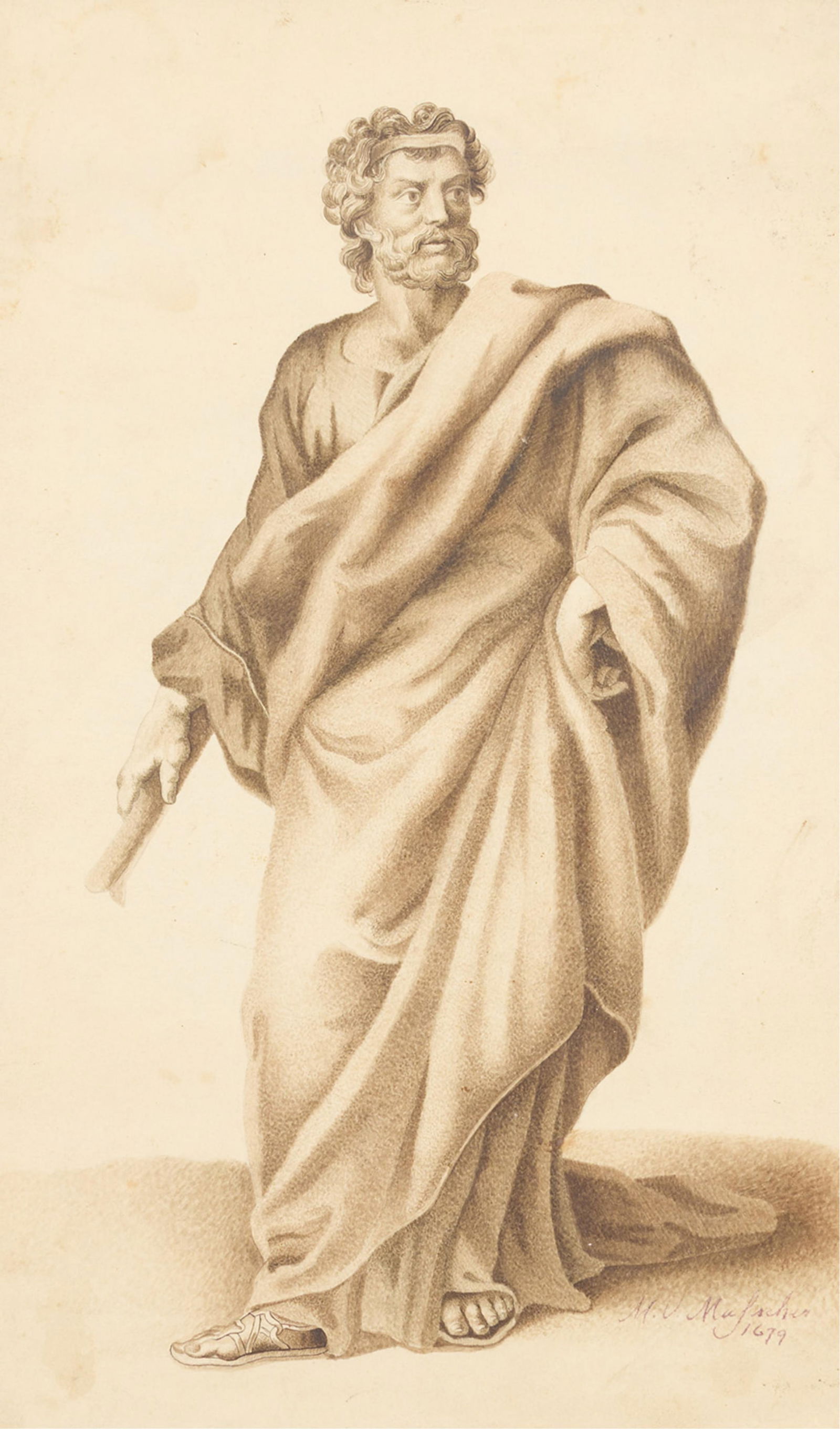 Michiel van Musscher Ink & Wash Portrait: Michiel van Musscher (Dutch, 1645-1705). Ink and brown wash on paper painting depicting a saint or philosopher, 1679. Signed and dated along the lower right, though it is likely that the signature