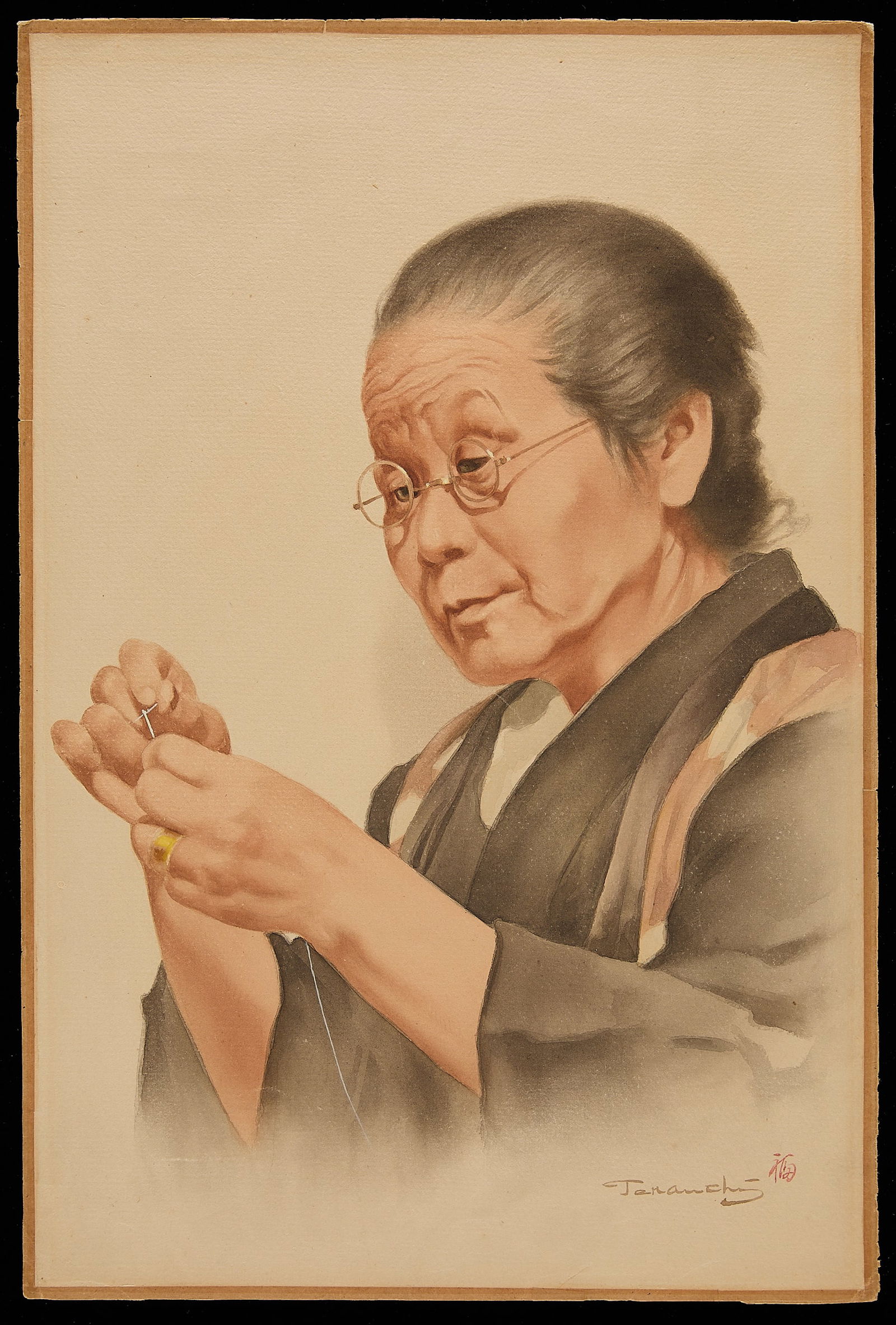 Terauchi Fukutaro "Woman Sewing" Watercolor: Terauchi Fukutaro (Japanese, 1890-1964). Watercolor on paper painting depicting an elderly woman threading a sewing needle, 20th century. Ink signed, with red character seal along the lower right.