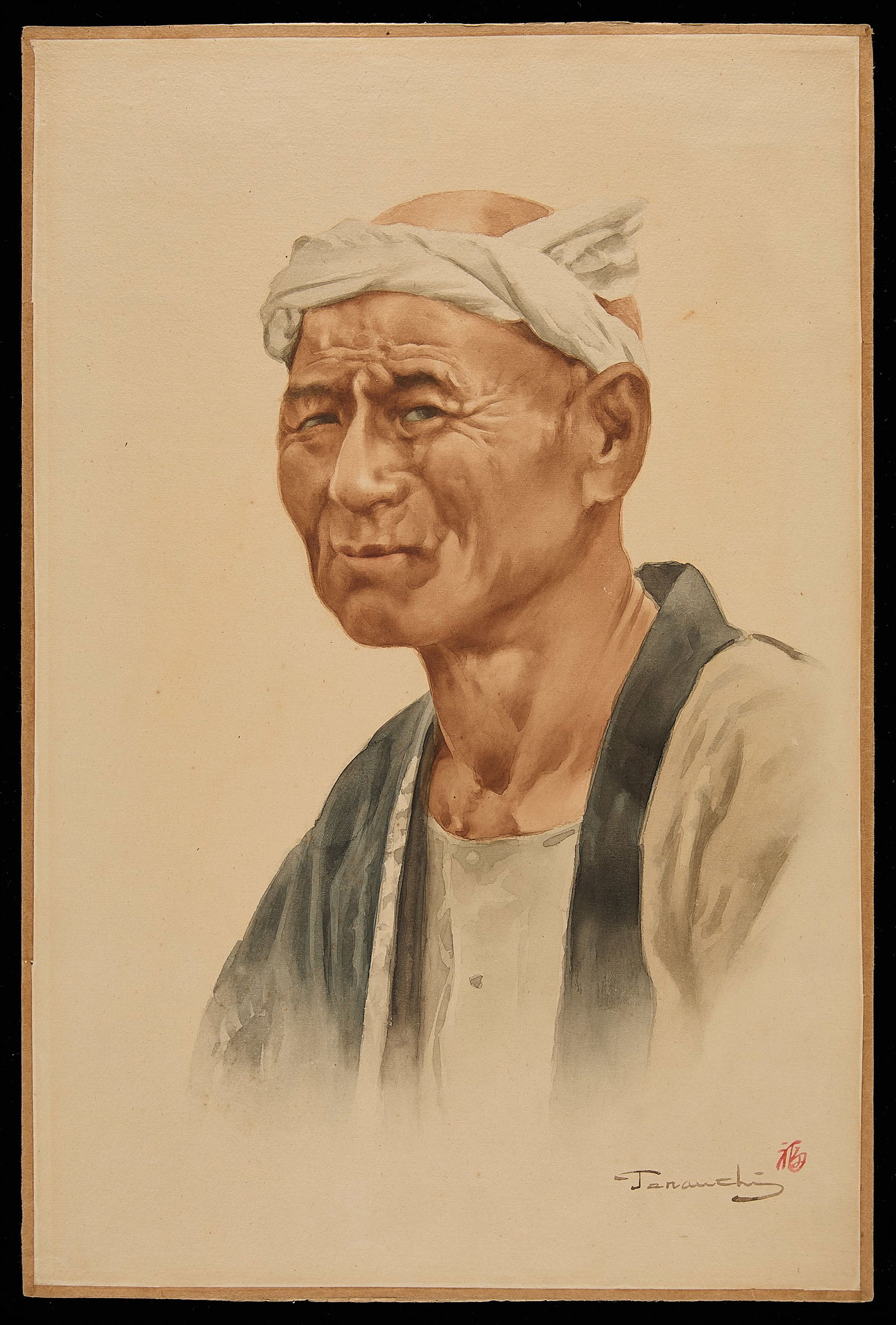 Terauchi Fukutaro "Male Portrait" Watercolor: Terauchi Fukutaro (Japanese, 1890-1964). Watercolor on paper painting depicting an elderly man with pursed expression, 20th century. Ink signed, with red character seal along the lower right. Ink