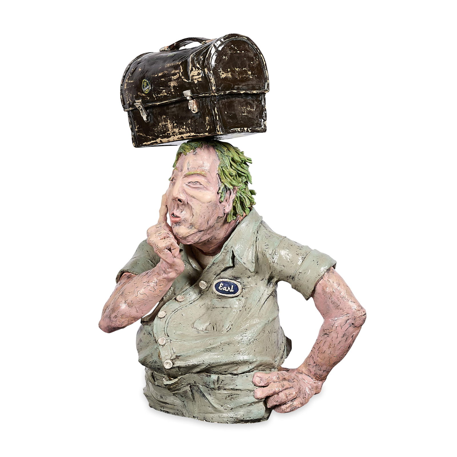 Gena Fowler "Earl" Ceramic Sculpture: Gena "NerdGirl" Fowler (American, b. 1971). Studio ceramic sculpture depicting a male figure with name patch reading "Earl," a lunchbox precariously balanced on his head, 2000. Signed and dated along