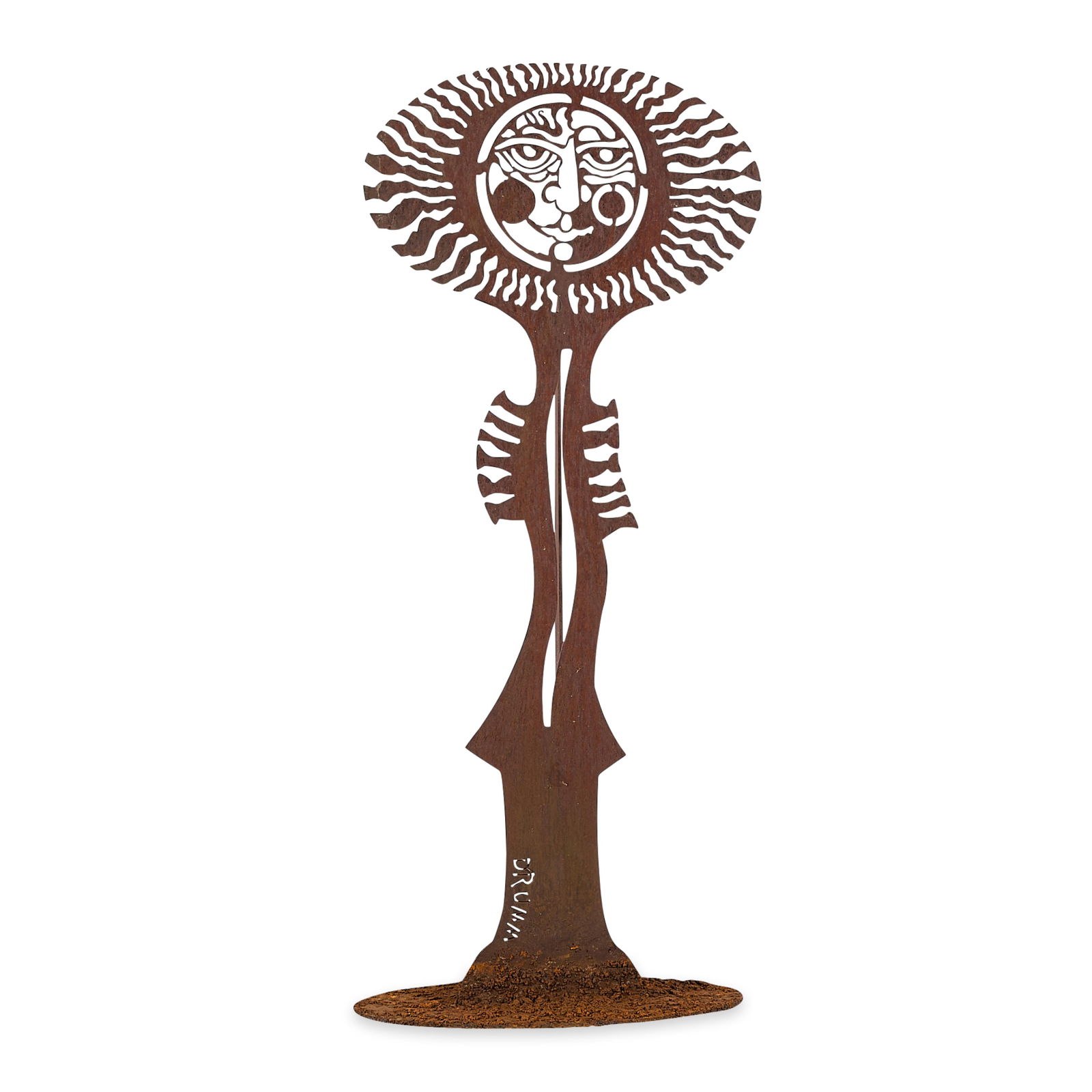 Donald Drumm "Sun Totem" Metal Sculpture: Don Drumm (American, b. 1935) for Cricket Forge, North Carolina. Welded steel garden sculpture from the "Sun Totem" series, 20th century. Depicting a tall and stylized sun figure. With plasma cut sign