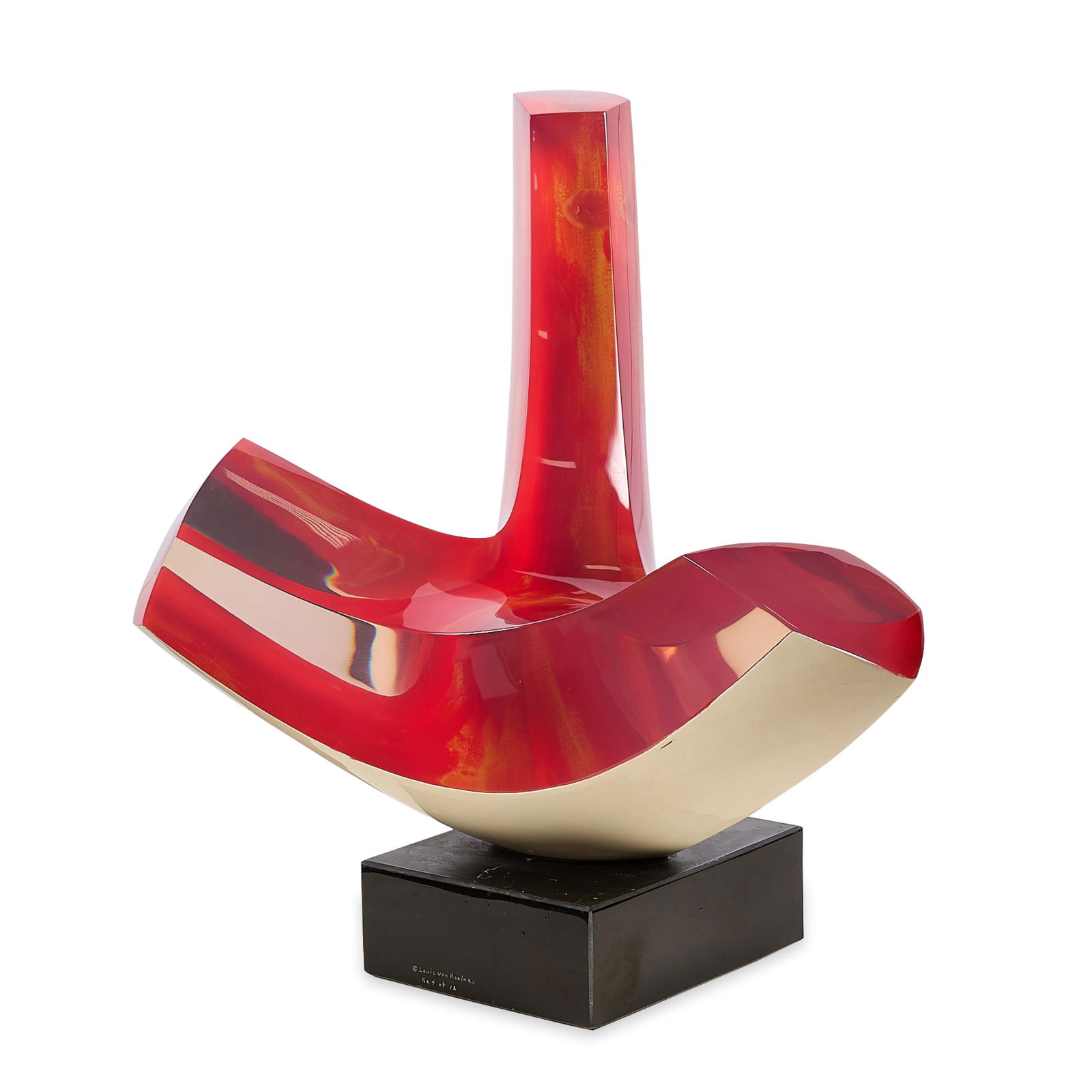 Louis Red von Koelnau "Trilogy" Resin Sculpture: Louis "Red" von Koelnau (American, 1924-2015). Acrylic polyresin sculpture titled "Trilogy," depicting a pink or red-toned three-prong abstract form. Signed and editioned 4/12 along the base.The only