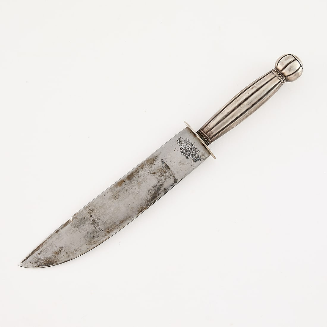 19th c. Underwood Victorian Steel Hunting Knife: Underwood, England. Victorian polished steel hunting knife with finely contoured blade, faceted handle, and rounded pommel, 19th century. Marked along the ricasso or base of the blade "Underwood, 56