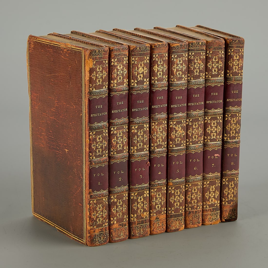 Set 8 Vols. "The Spectator" 1816: "The Spectator: With Sketches of the Lives of the Authors and Explanatory Notes," Edinburgh: Bell & Bradfute, 1816, volumes 1-8. "The Spectator" was a daily publication founded by Joseph Addison and