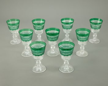 9 Emerald Green Cut Glass Crystal Wine Glasses