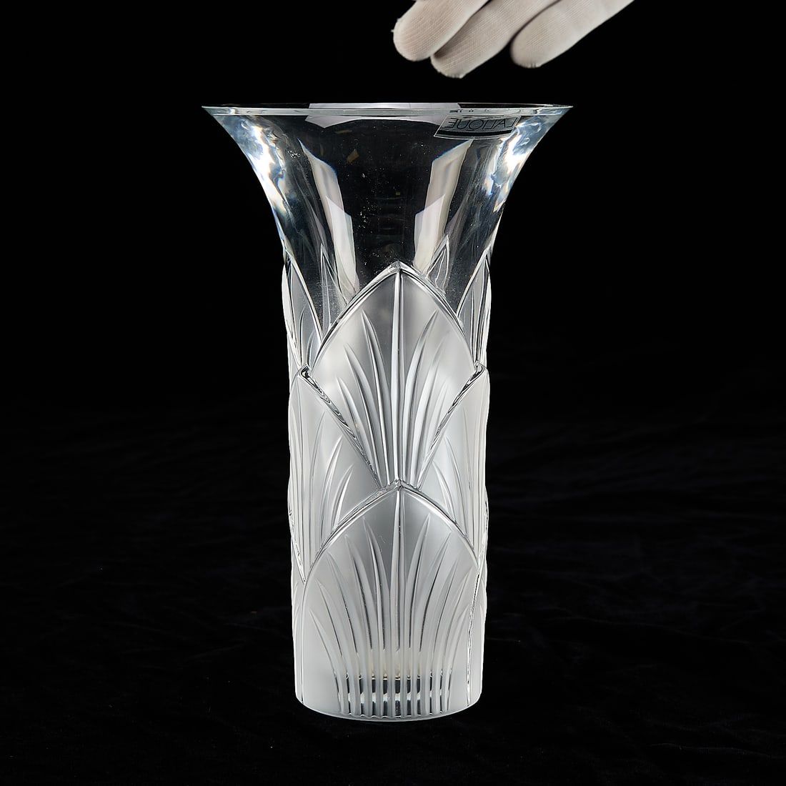 20th c. Lalique Crystal Glass "Lotus" Vase: Lalique, France. Crystal glass vase in pattern "Lotus," 20th century. With molded foliate design, depicting lotus flowers in contrasting clear and frosted glass. Marked along the underside. Labeled al
