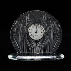 20th c. Lalique Frosted Glass "Iris" Table Clock