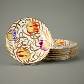 7 Saxe Art Nouveau Porcelain Gilt Tulip Plates