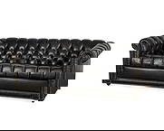Black Leather Chesterfield Pull Out Sleeper Sofa: Chesterfield couch with foldable pull-out bed along the interior. Featuring tufted black leather upholstery, rolled back and arms, brass tacked trim, and casters along the front two legs.Height: 29 in