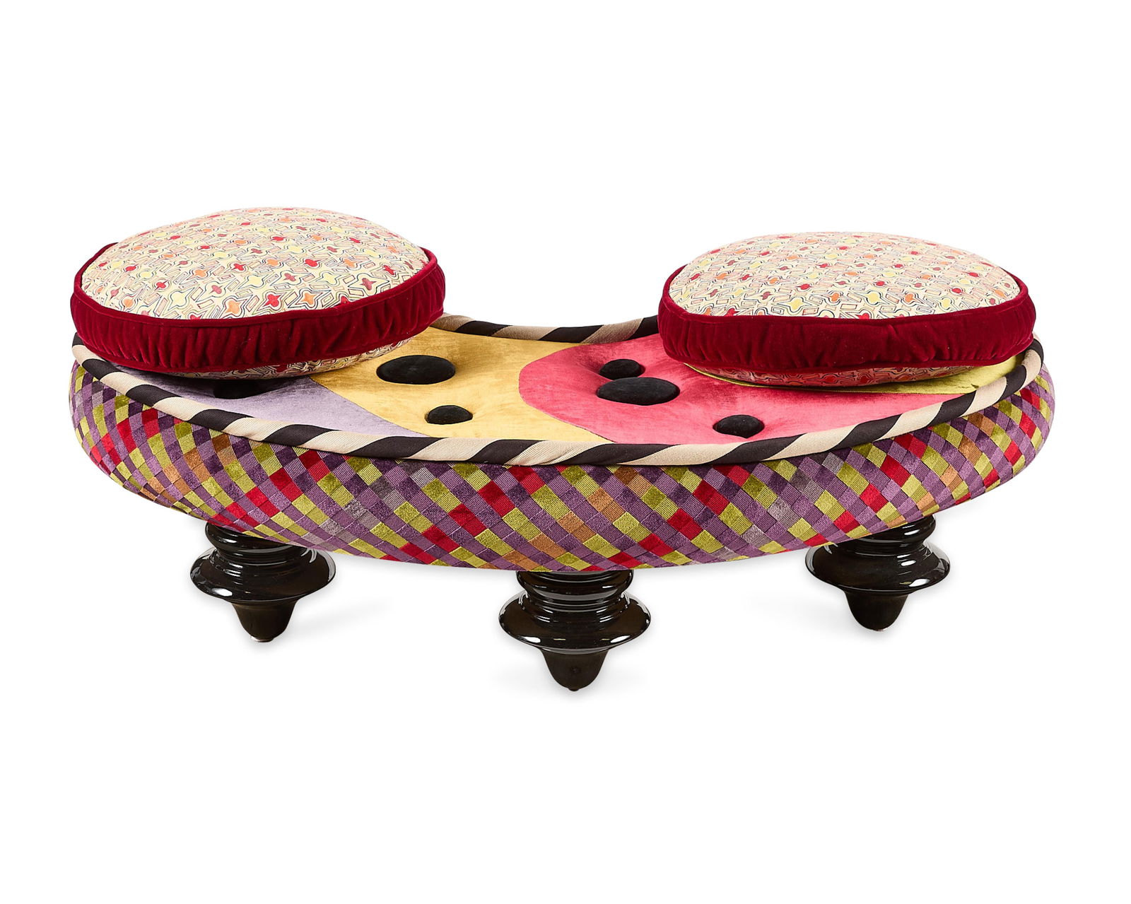 MacKenzie-Childs Modern Kidney Bench Loveseat: MacKenzie-Childs, United States. Modern kidney bench or loveseat sofa of curved form, ca. 1980s-1990s. The upholstery with and array of eclectic and whimsical geometric patterns executed in bright
