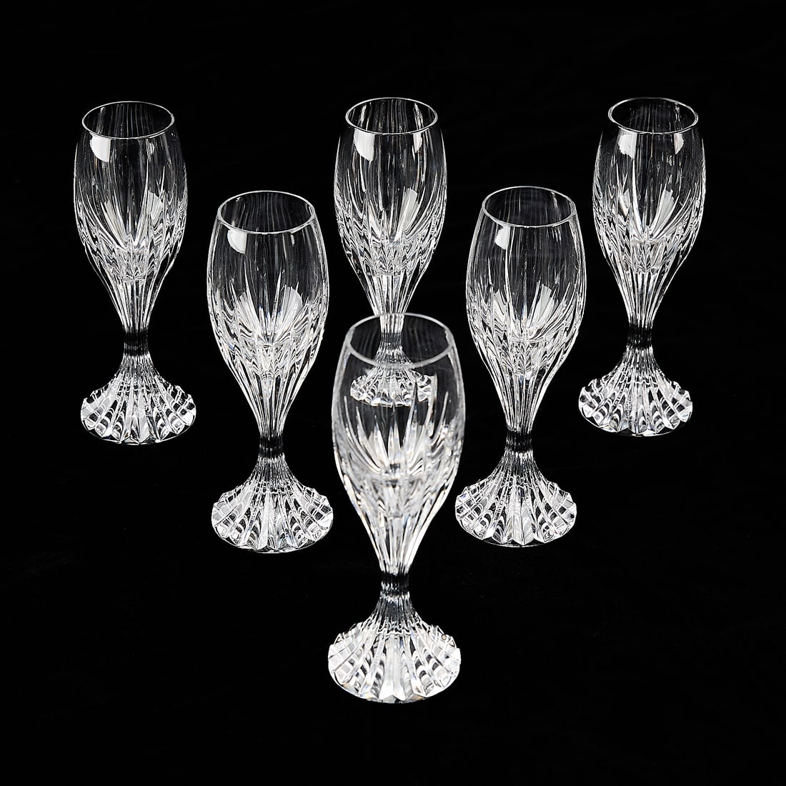 Set 6 Baccarat "Massena" Crystal Cordial Glasses: Baccarat, France. Set of six "Massena" pattern crystal blown and cut or beveled glass stemware cordial wine glasses, 20th century. Each with etched mark along the underside.(Each) Height: 5 1/2 in x