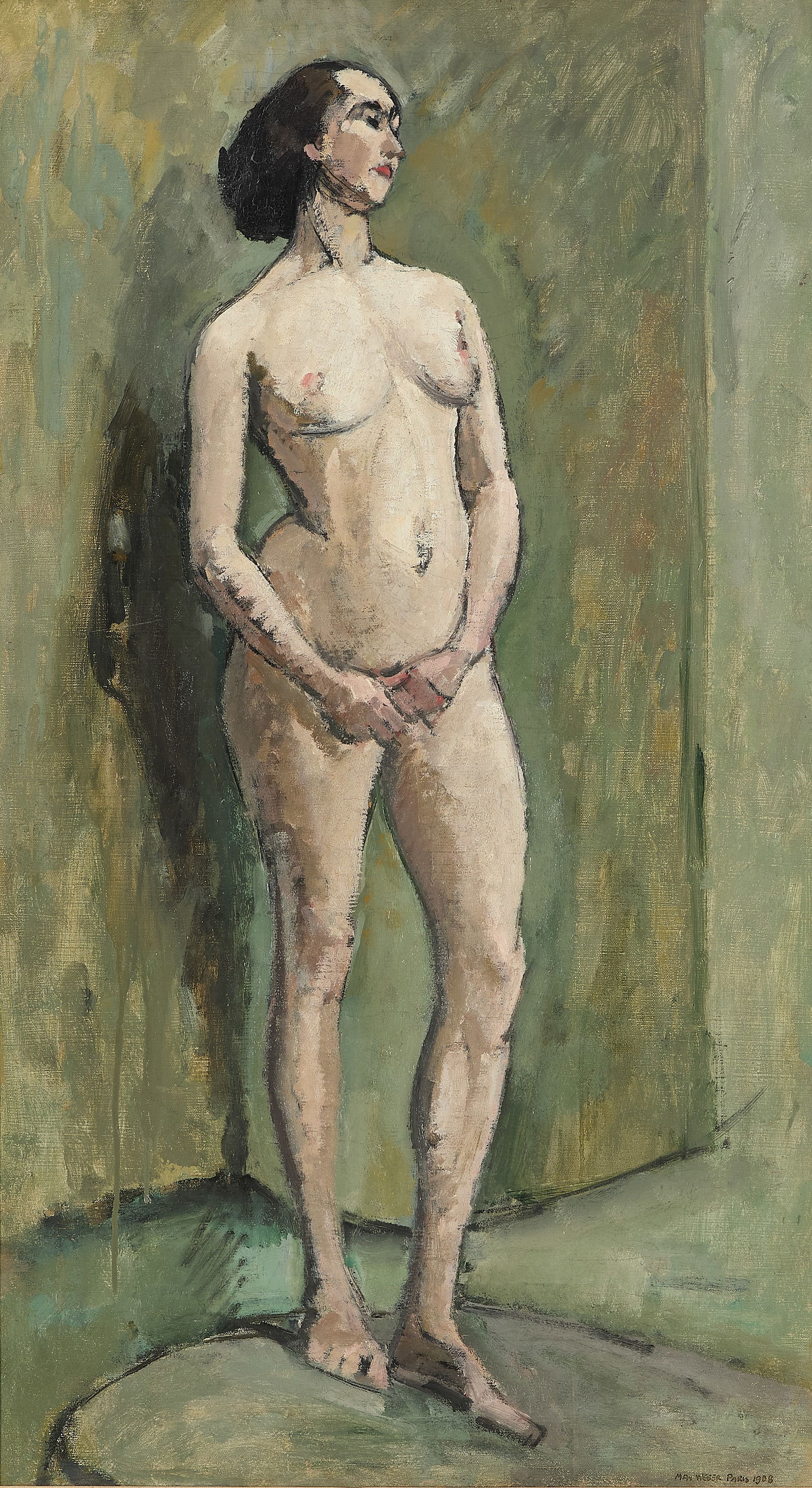 Max Weber "Parisian Model" Painting 1908: Max Weber (American, 1881-1961). Oil on canvas painting titled "Parisian Model," 1908. Signed and dated along the lower right. Labeled along the verso "Estate of Max Weber" and "Collection: Mrs. Max W